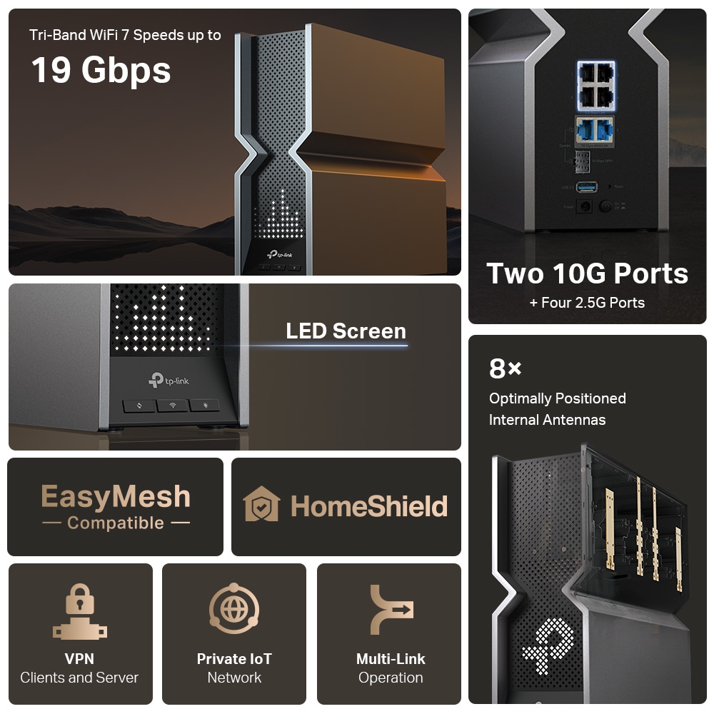 TP-Link Archer BE800 marketing overview of tri-band rates, LED display, antennas, mesh and security features