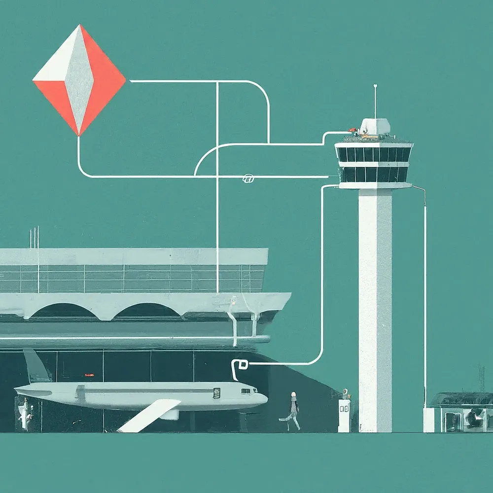 Stylised airport illustration with a control tower, aircraft and network-like connecting lines