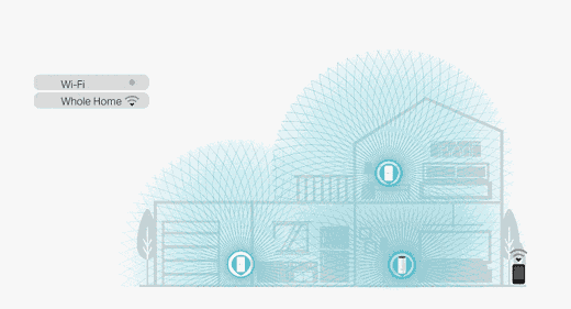 House diagram illustrating coverage from three whole-home mesh nodes