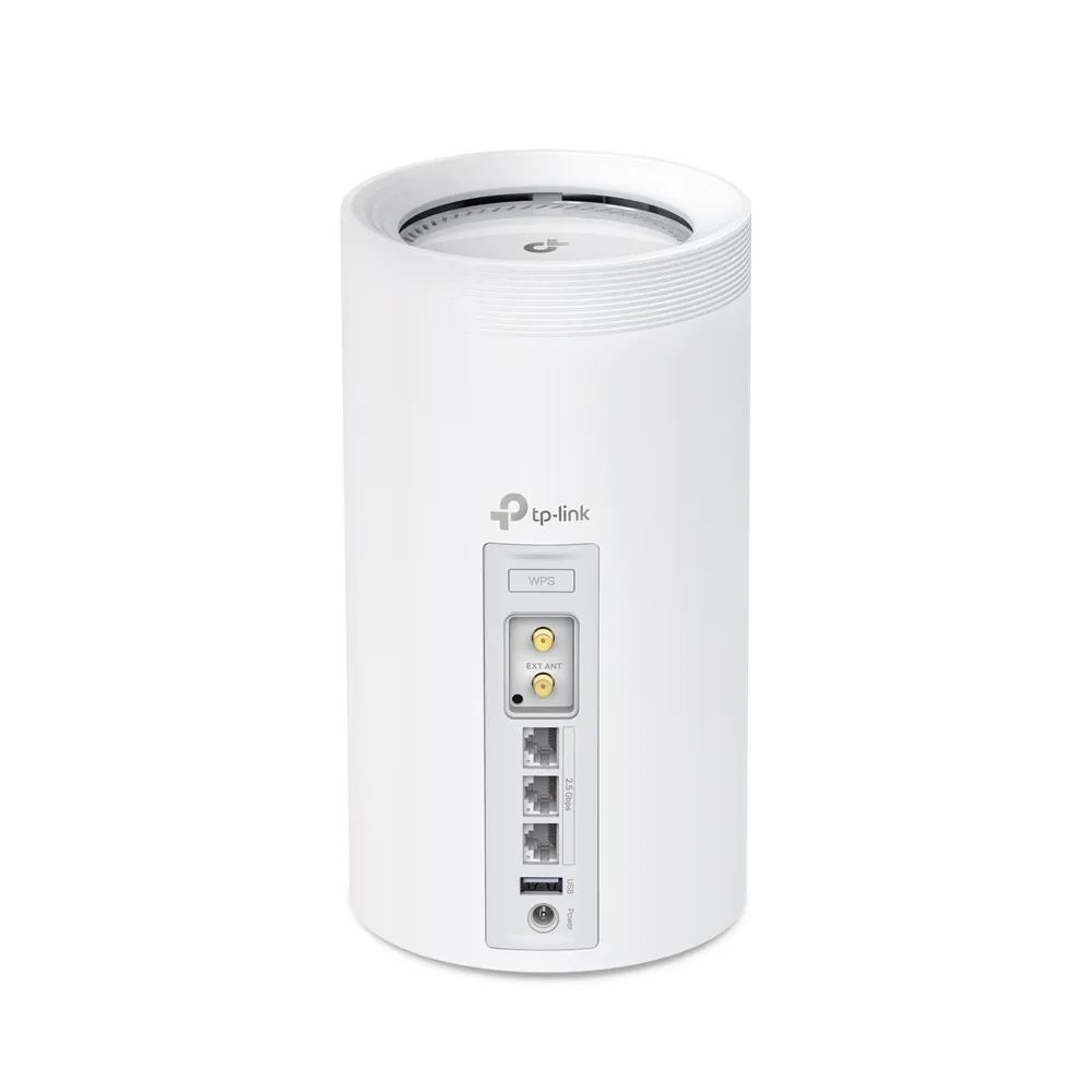 TP-Link Deco BE65-5G rear view showing Ethernet, USB, power and external cellular antenna connections