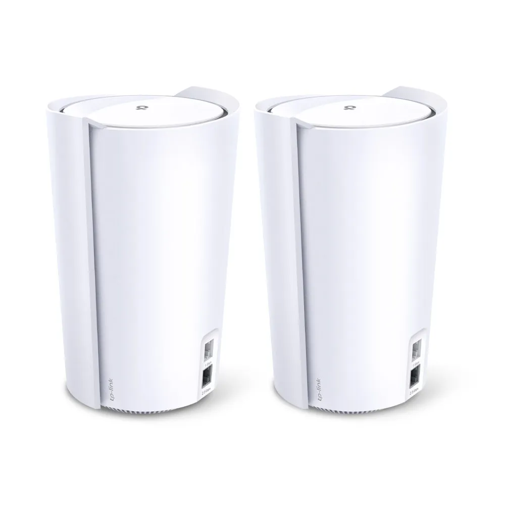 Two Deco X90 units with rear Gigabit and 2.5 Gbps sockets visible