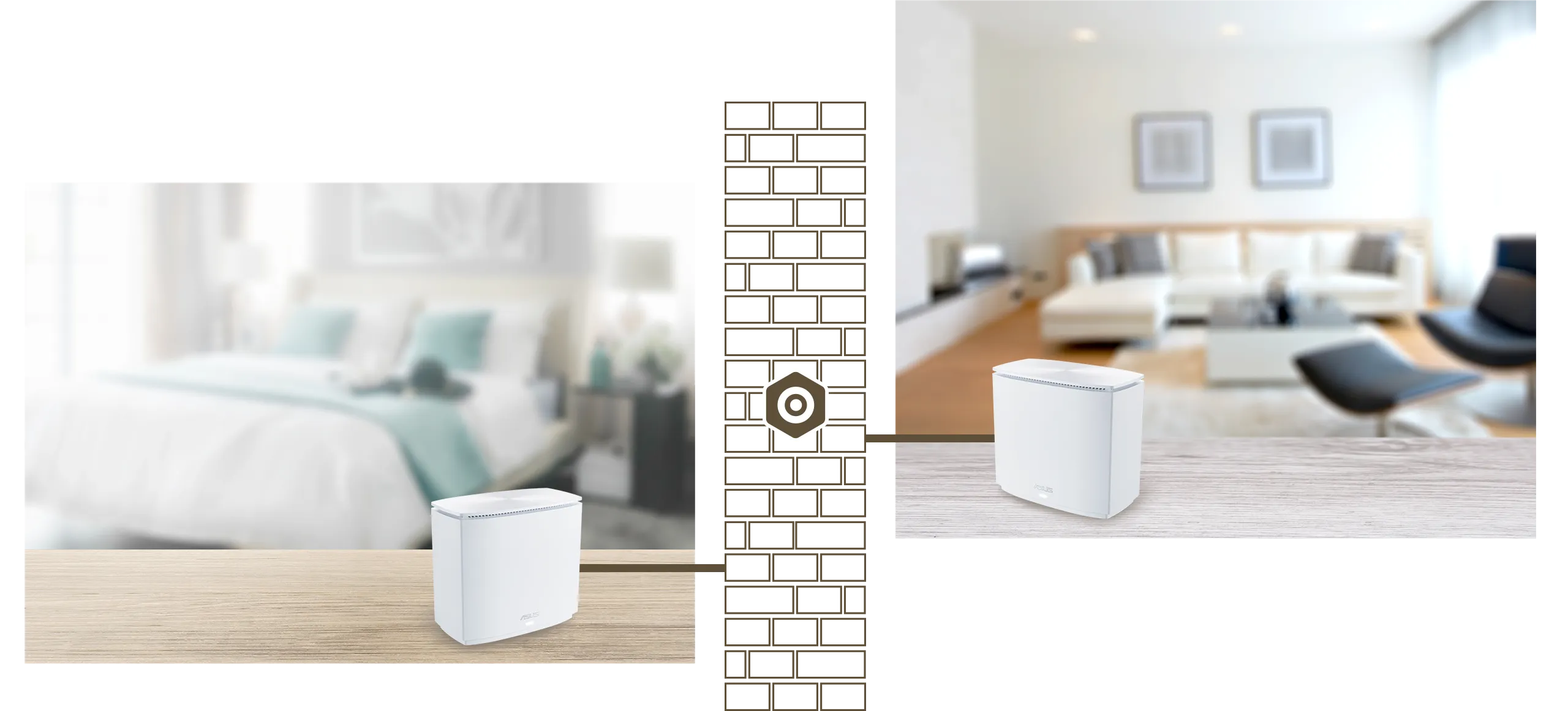 ASUS illustration of two XC5 units connected through coaxial wall outlets for MoCA backhaul