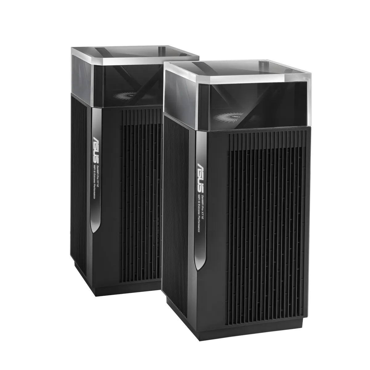 Two ASUS ZenWiFi Pro XT12 units with transparent upper antenna compartments
