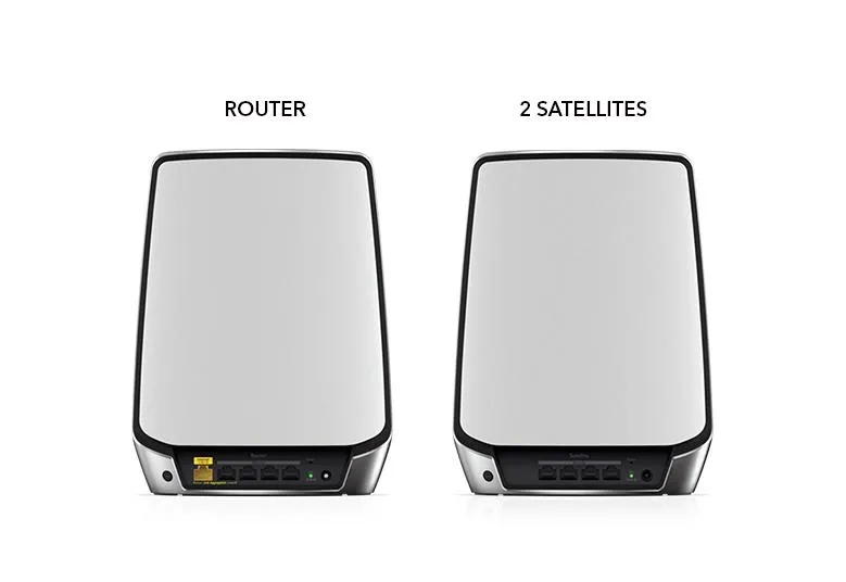 Netgear Orbi 850 router and satellite rear views, showing the router Internet port and four LAN ports on each unit