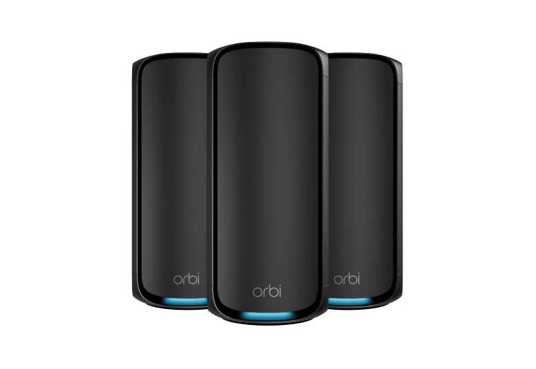 Three black Netgear Orbi 970 series units