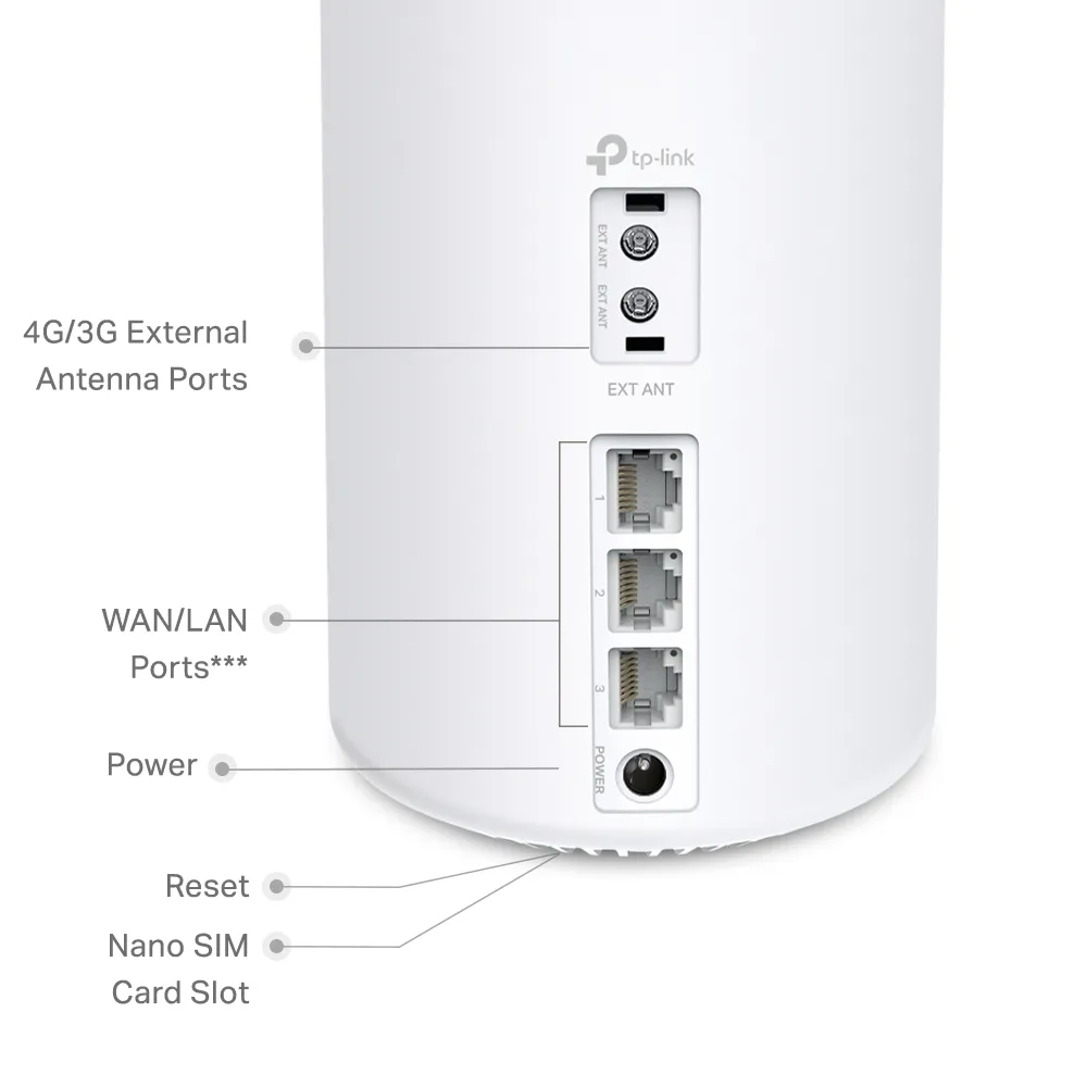 X50-4G rear panel with two SMB cellular antenna interfaces, three Gigabit WAN/LAN ports and power connection