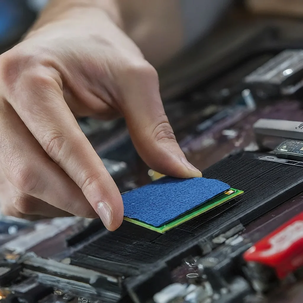Illustration of a hand positioning a blue thermal pad above a chip