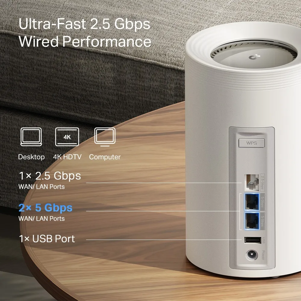 TP-Link Deco BE65-Pro rear ports showing 5Gbps multi-gigabit Ethernet connections