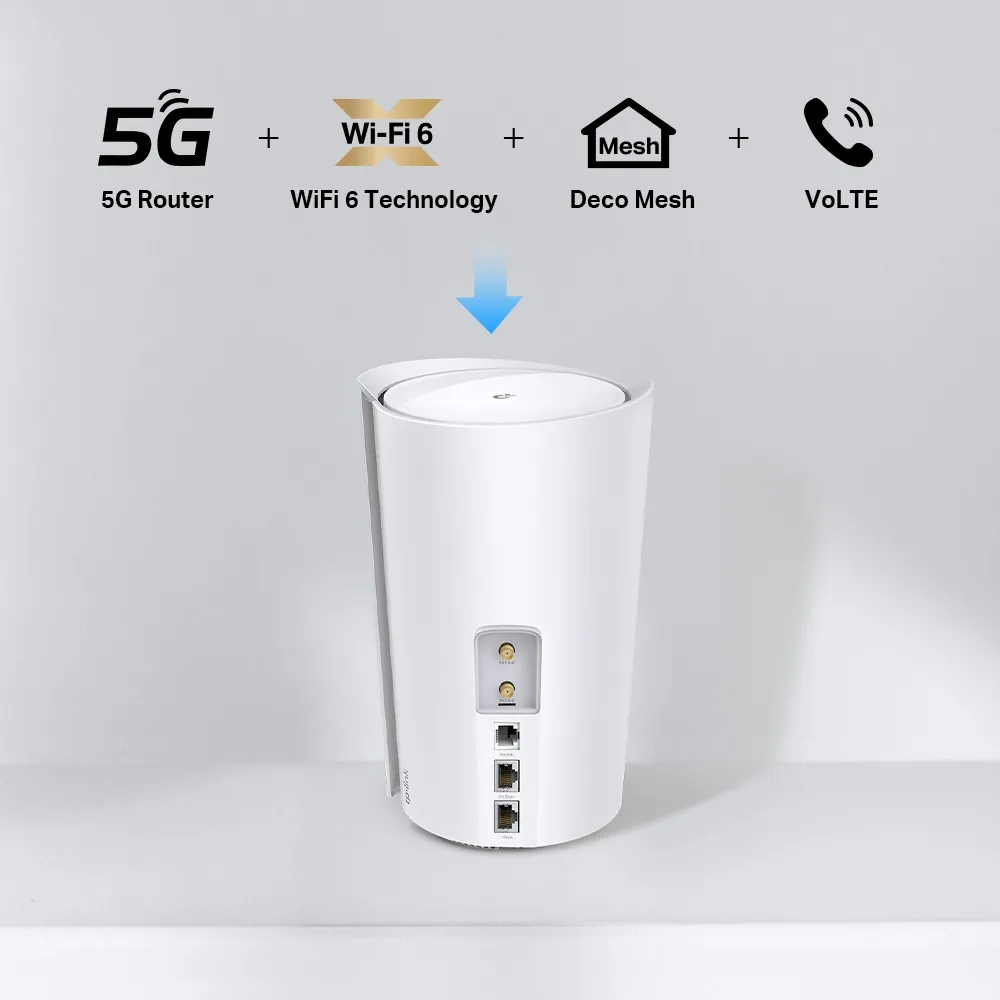 Manufacturer illustration combining 5G router, Wi-Fi 6, Deco mesh and VoLTE features