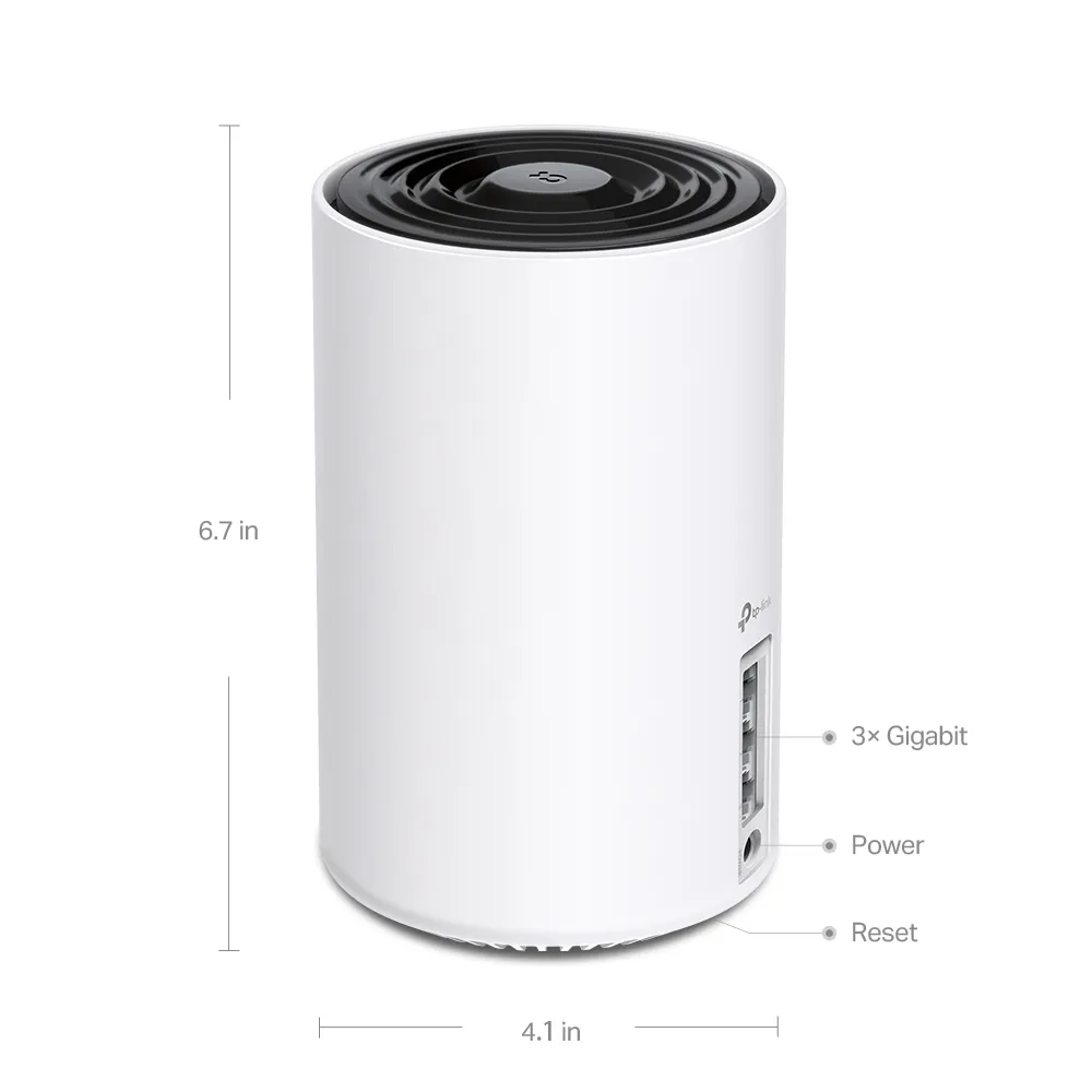 XE75 dimensions illustration: 6.7 inches tall, 4.1 inches wide and three Gigabit ports