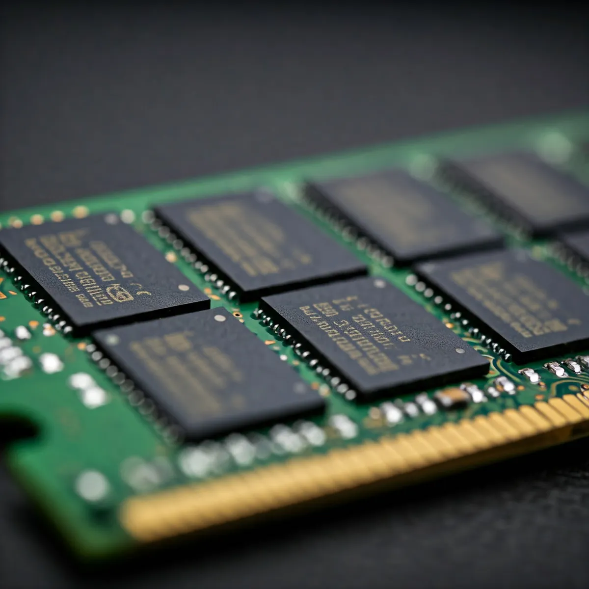 Close-up of DRAM packages on a memory module