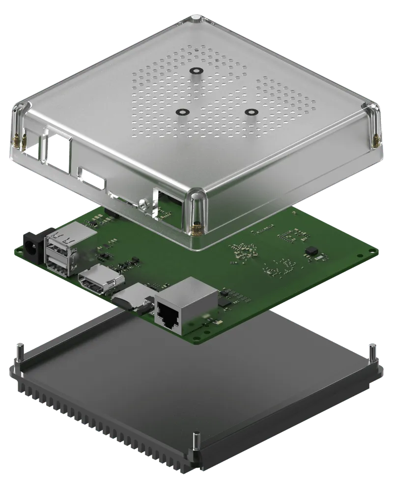 Exploded view of Home Assistant Green enclosure, circuit board and aluminium base