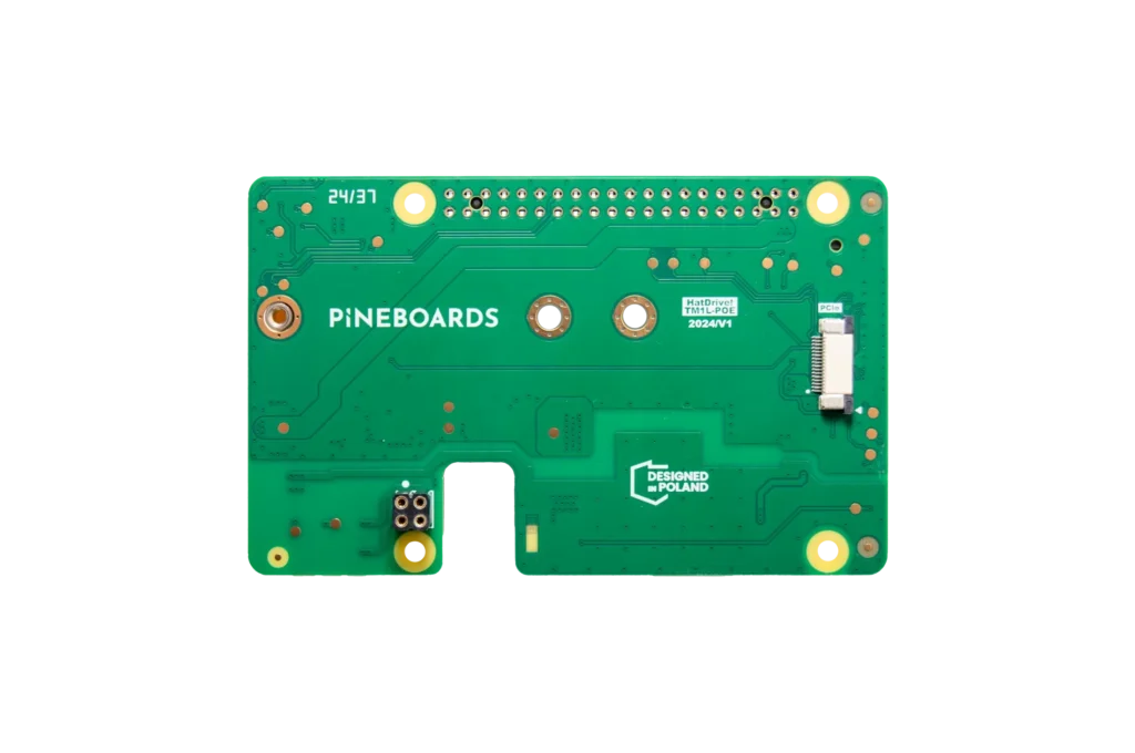 Underside of the Pineboards HatDrive! PoE+ showing its PCIe ribbon connector and PoE connection