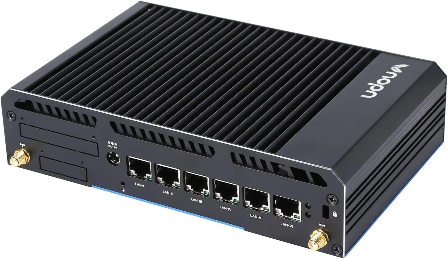 Fanless mini PC with six Ethernet ports, illustrating firewall-appliance hardware