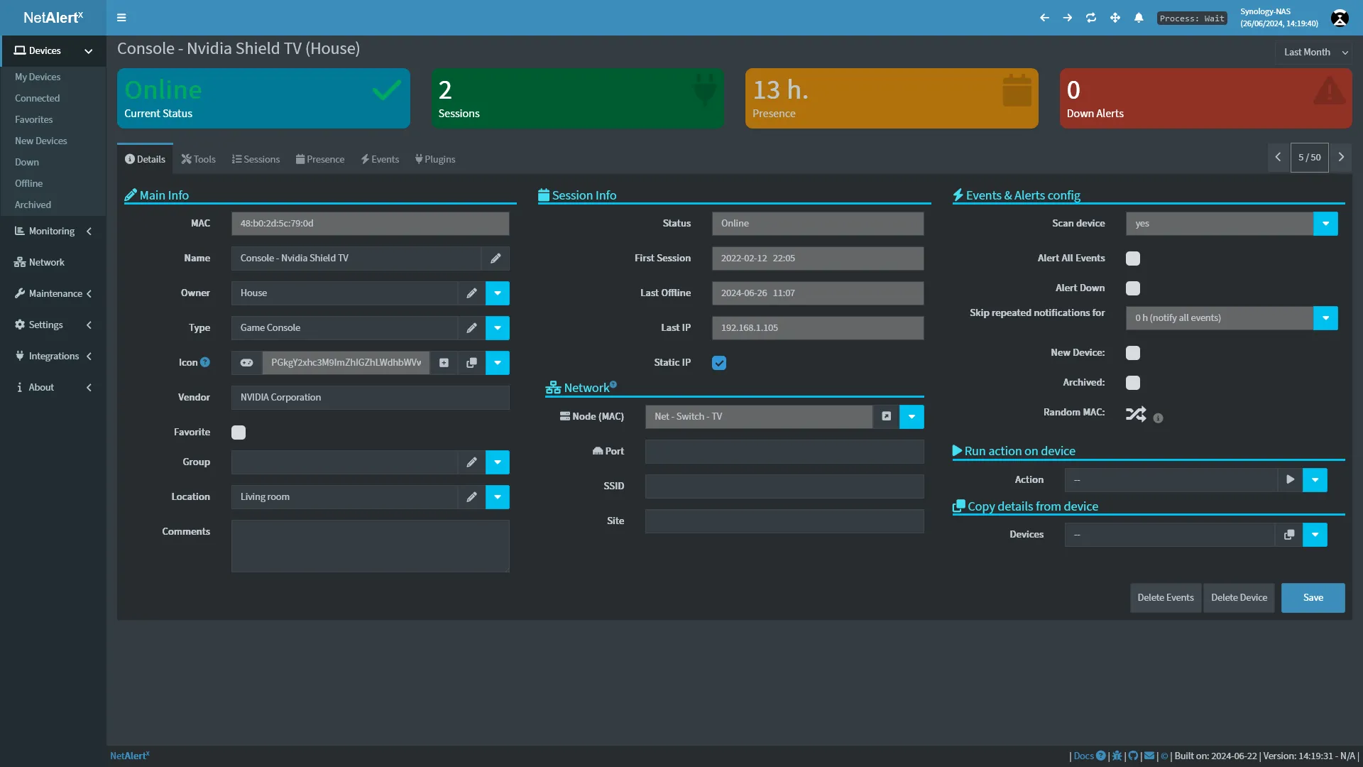 NetAlertX device details showing presence, network assignment and alert settings