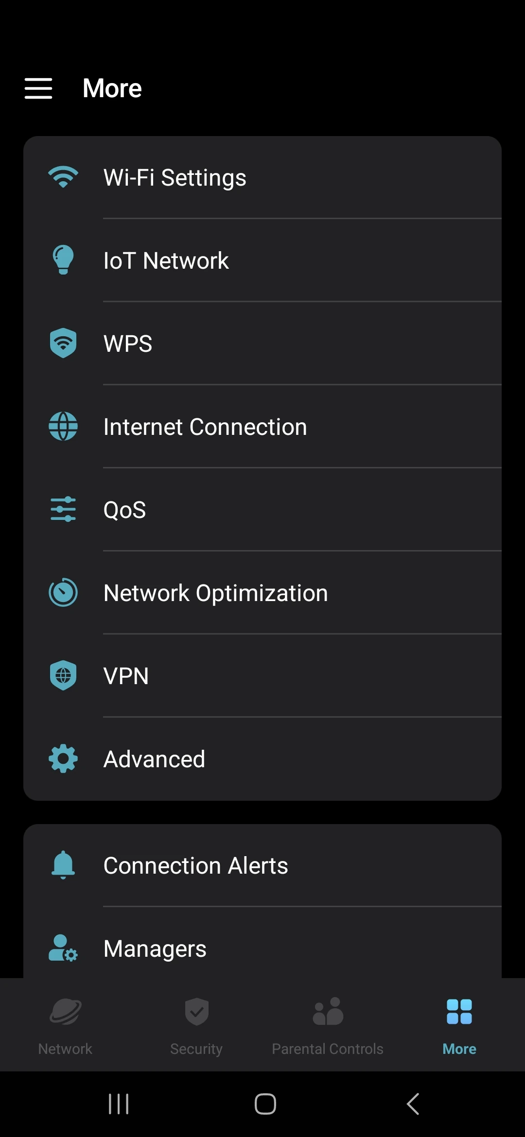 The More menu in our app, including Wi-Fi, IoT, WPS, QoS and advanced options.