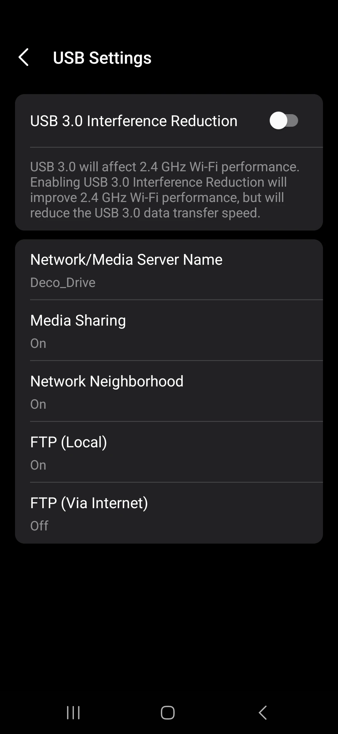Our USB settings: local sharing enabled and FTP via the internet switched off.