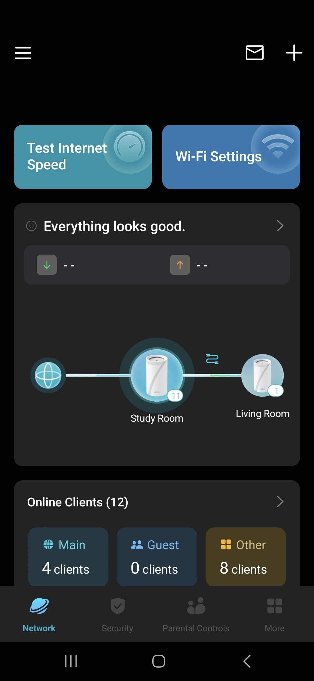 Our post-setup network map, showing the Study Room and Living Room nodes.