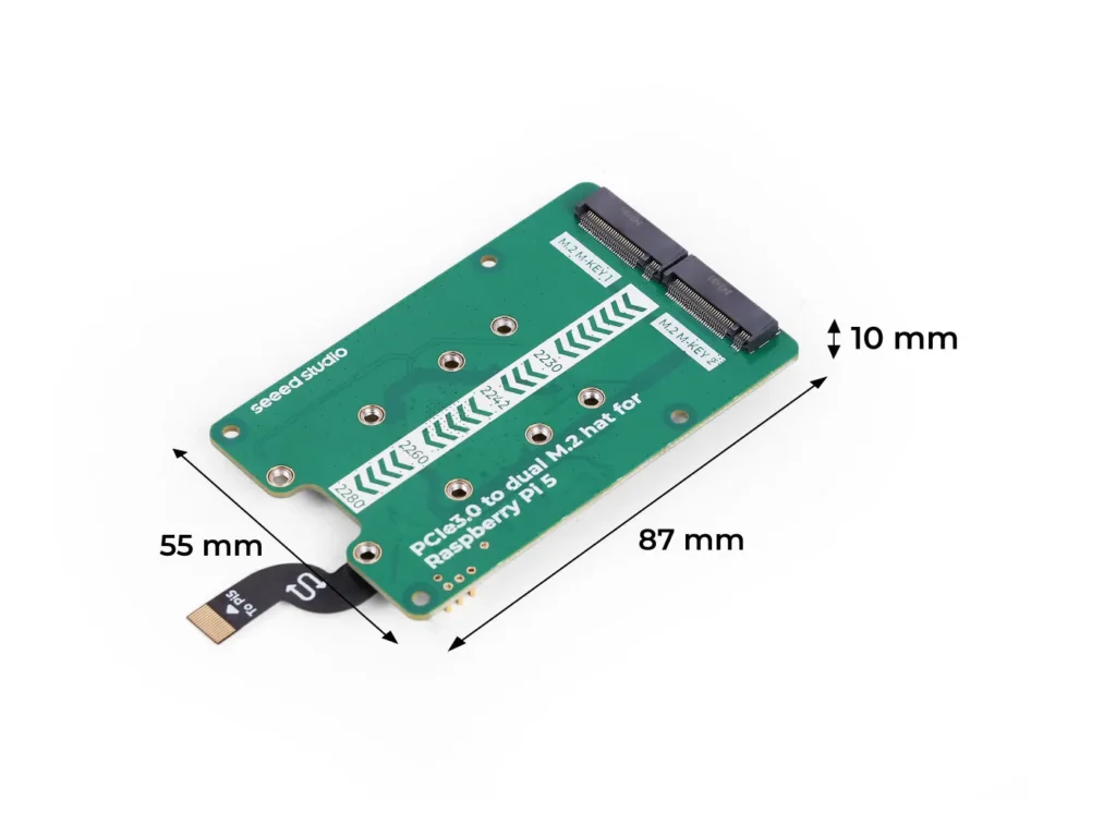 Seeed Studio dual-M.2 board dimension illustration with 87 mm, 55 mm and 10 mm labels