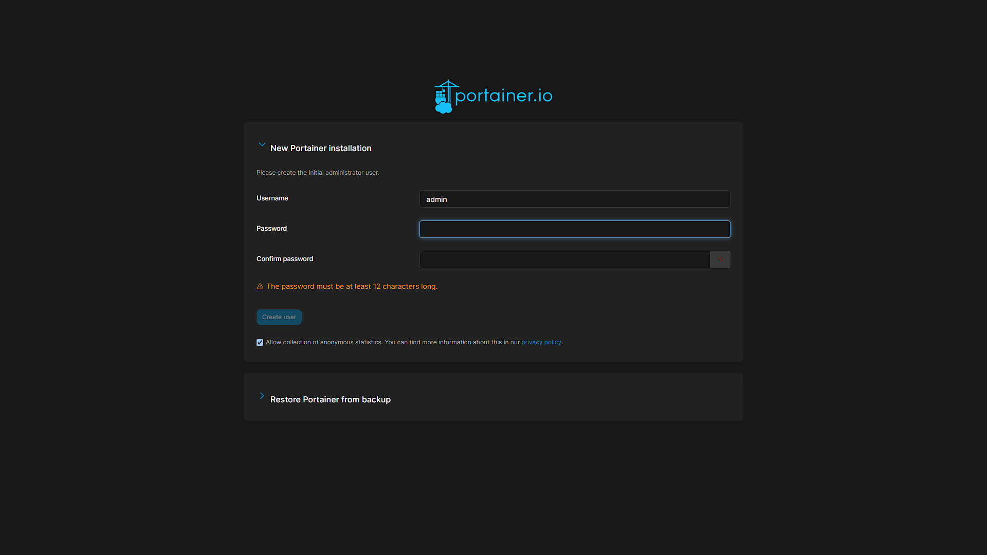Portainer Setup - 1 - New Password