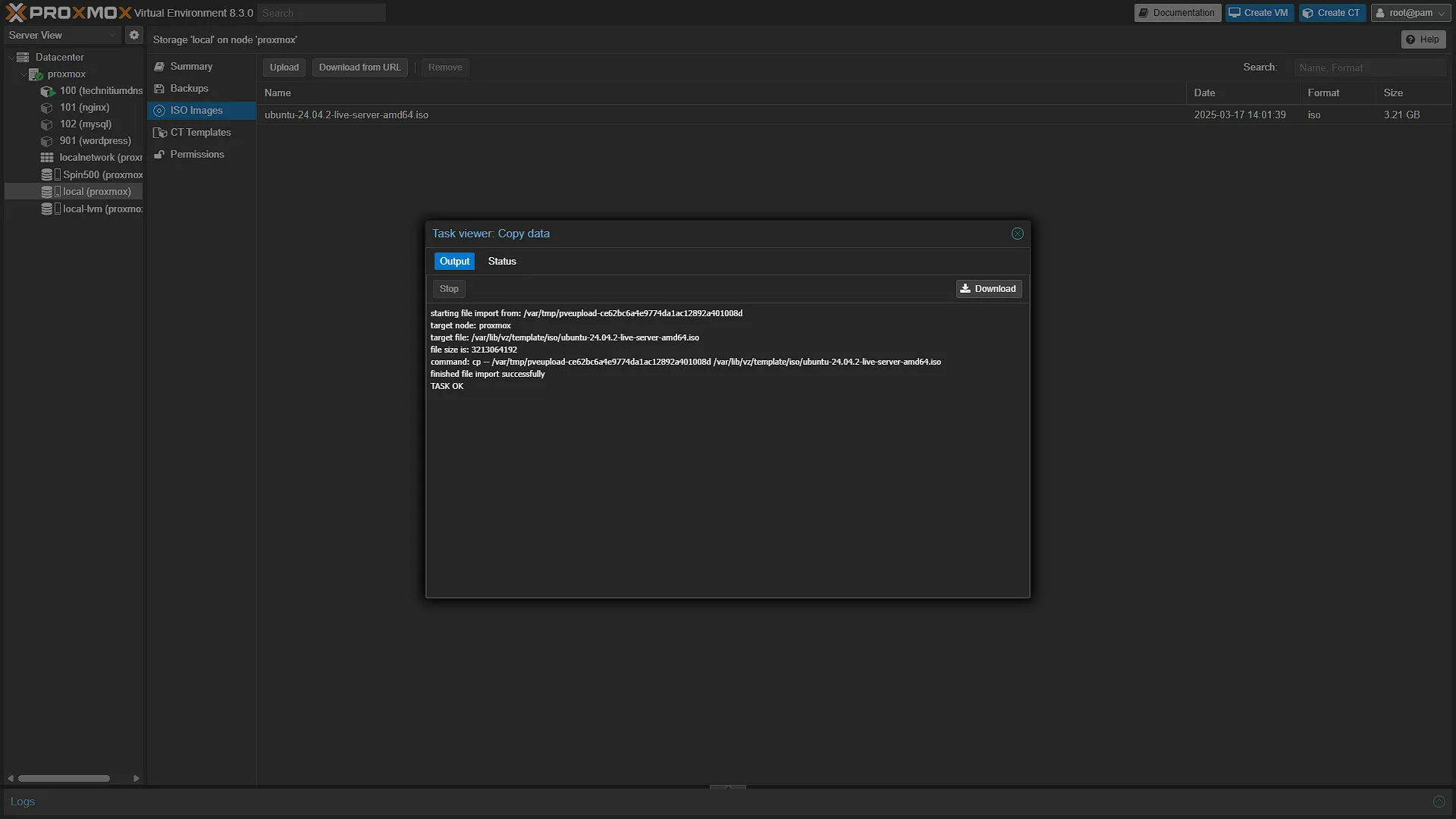 Proxmox - Finished uploading ISO