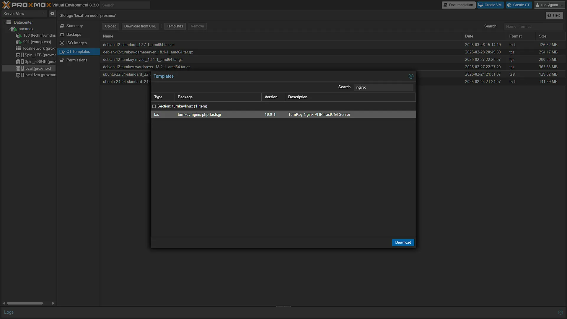 Proxmox - Search for NGINX template