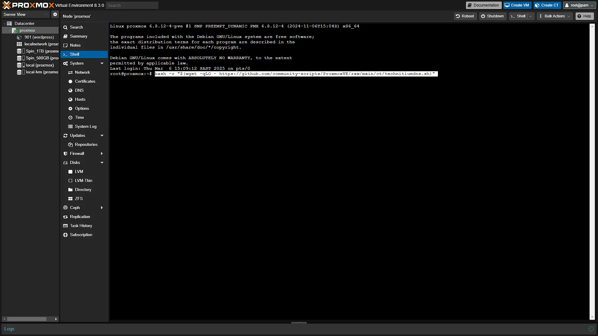 Proxmox Technitium Install - Helper script command