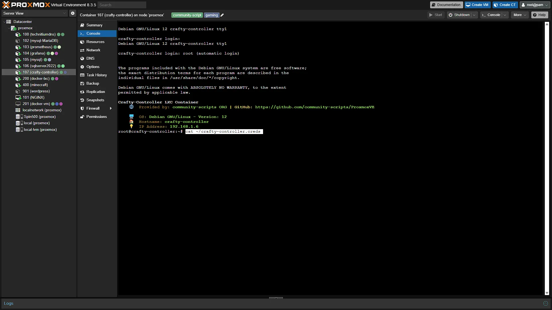 Install Crafty LXC - 7 - PWD Command