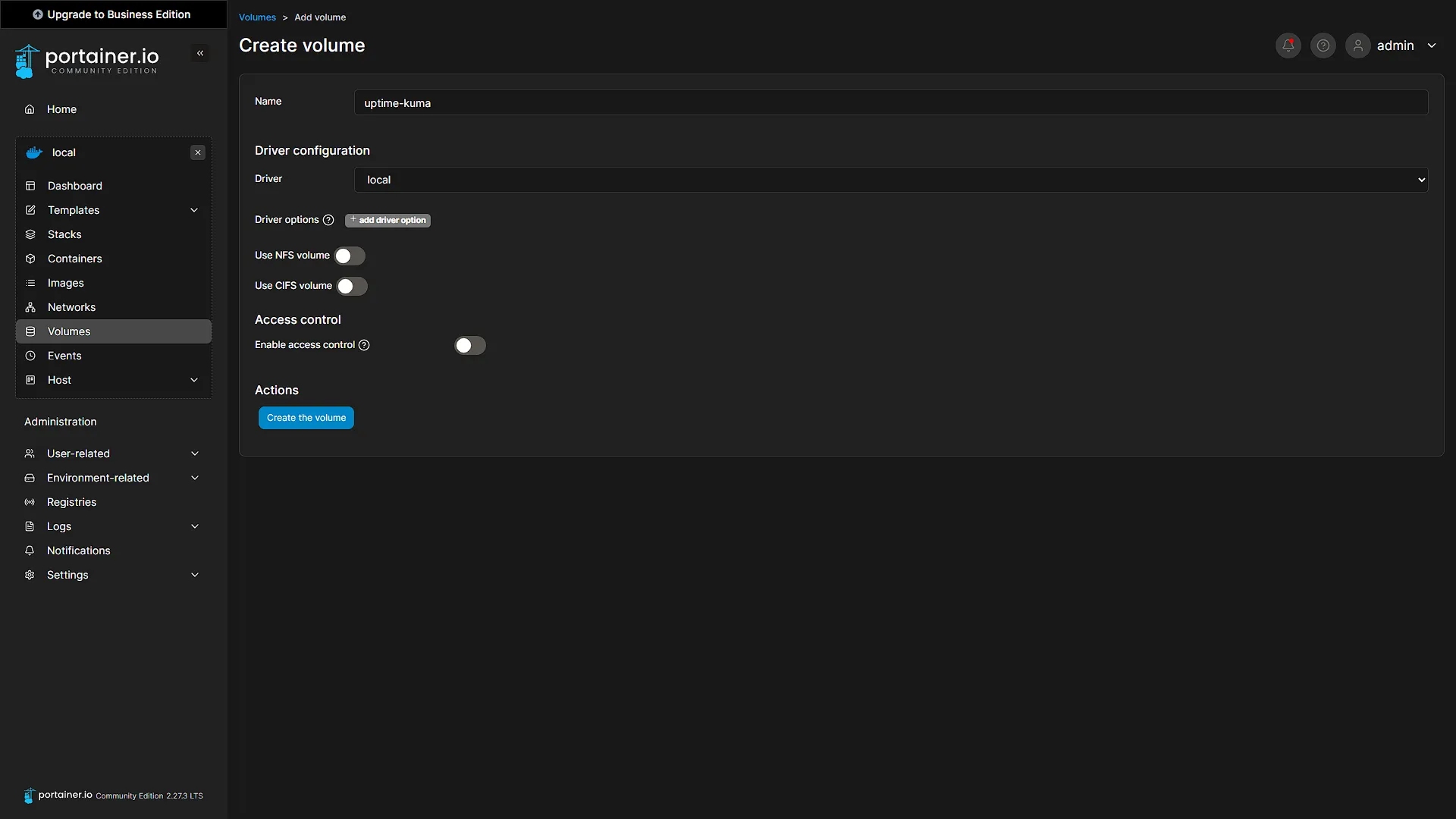 Install Uptime Kuma - 7 - Create Volume