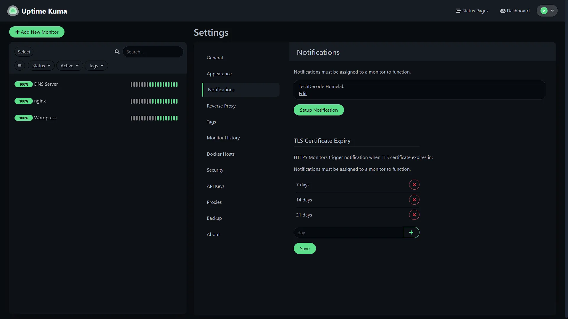 Set Up Uptime Kuma - 12 - Notifications added