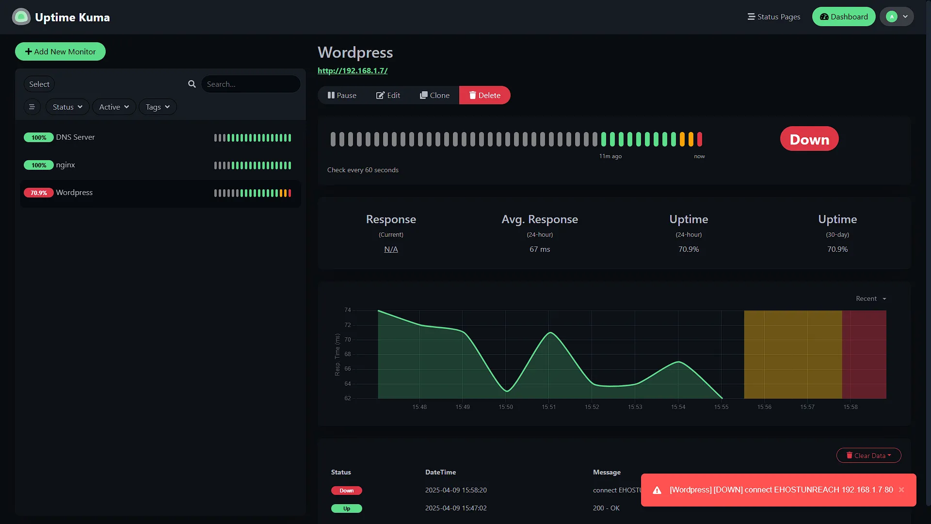 Set Up Uptime Kuma - 14 - Wordpress down