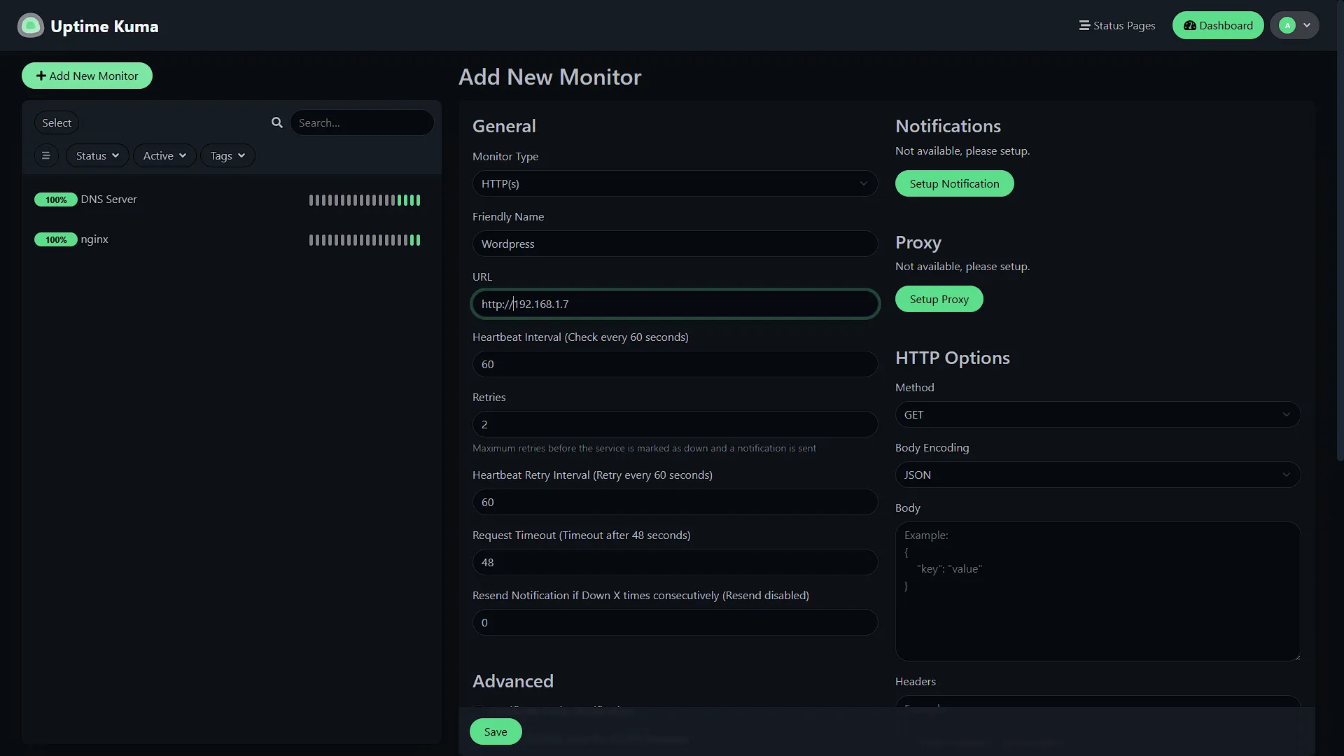 Set Up Uptime Kuma - 6 - Add Wordpress