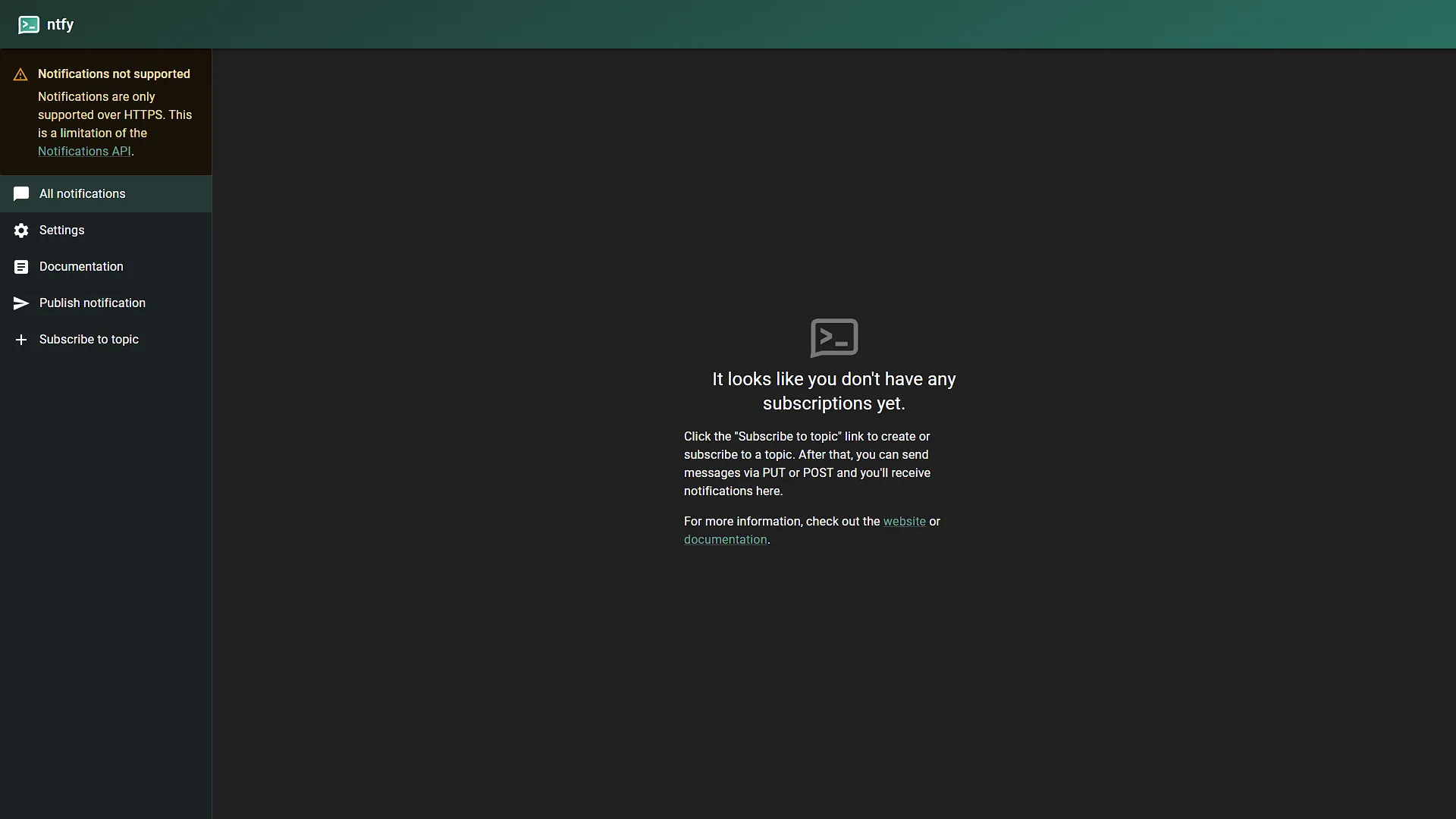 Setup ntfy - 1 - Dashboard