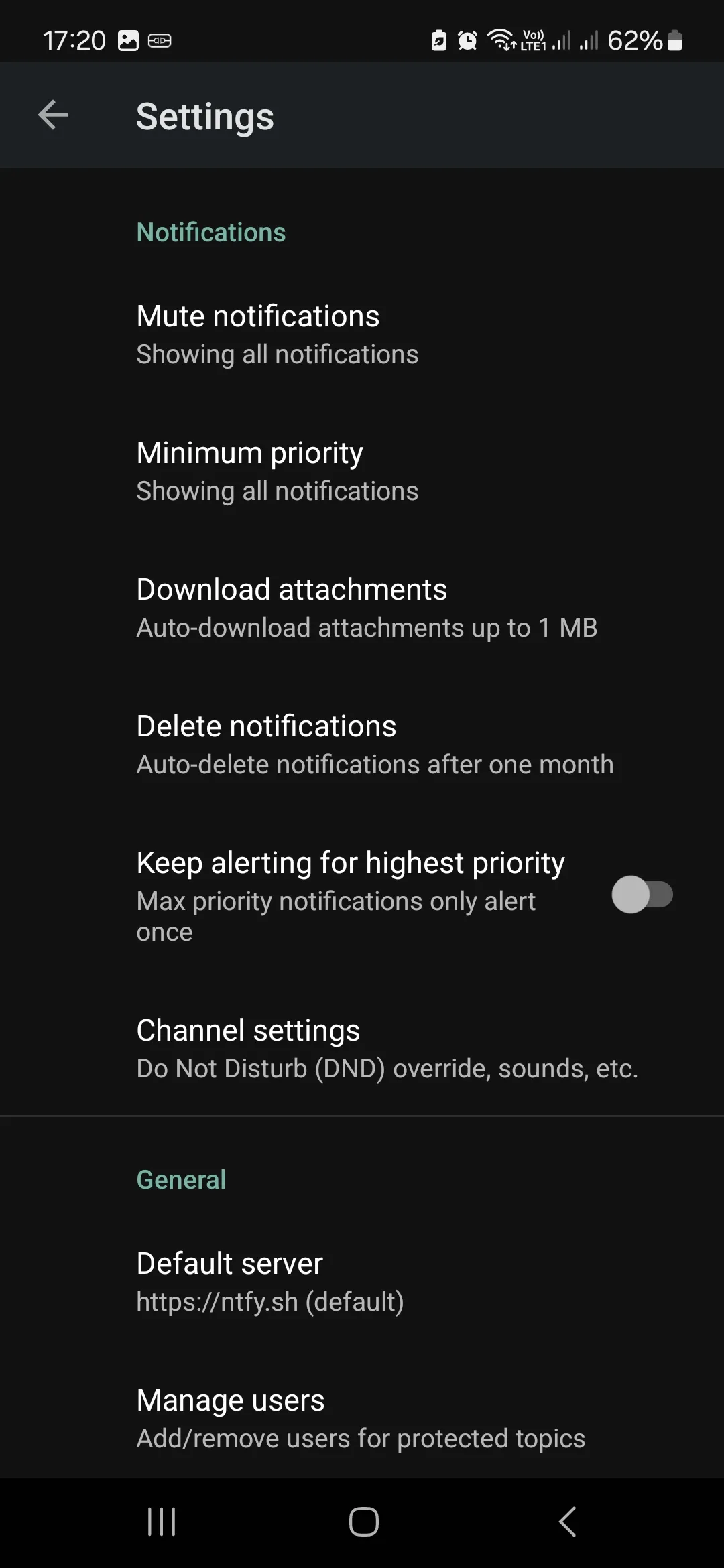 ntfy app - 2 - Settings