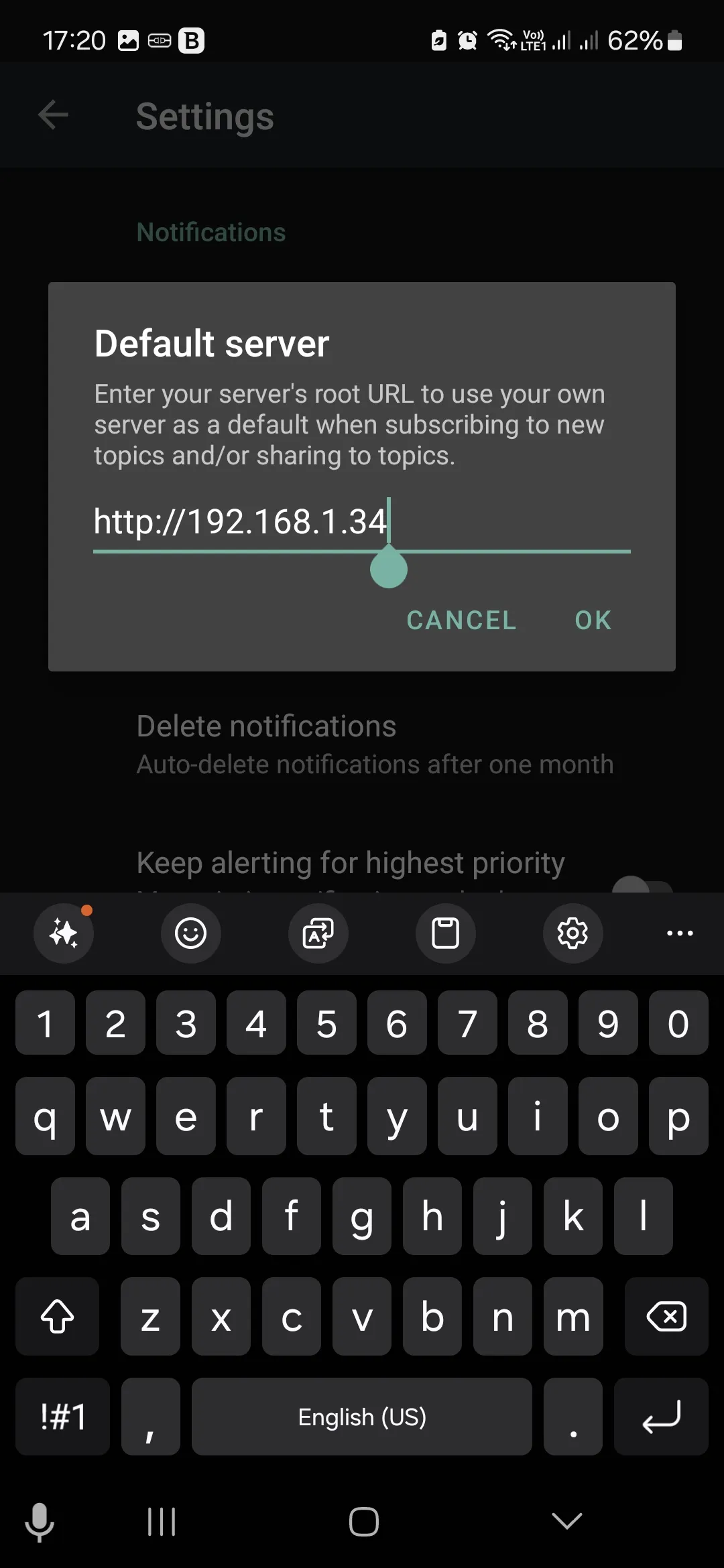 ntfy app - 3 - default server