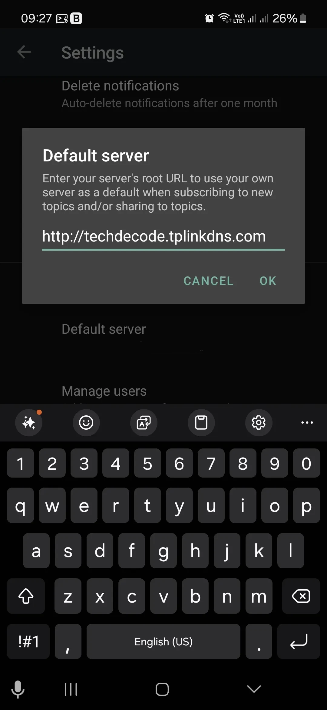 setup ntfy app - 1 - new default server