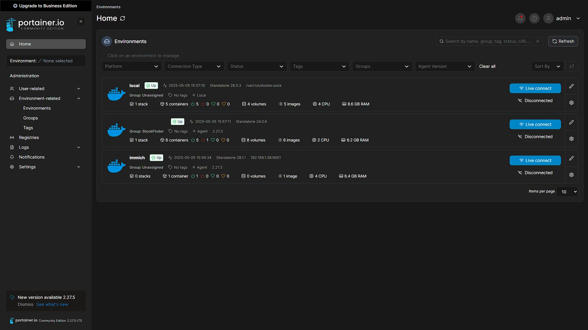 Immich Install Portainer - 10 - Portainer Dashboard with Portainer