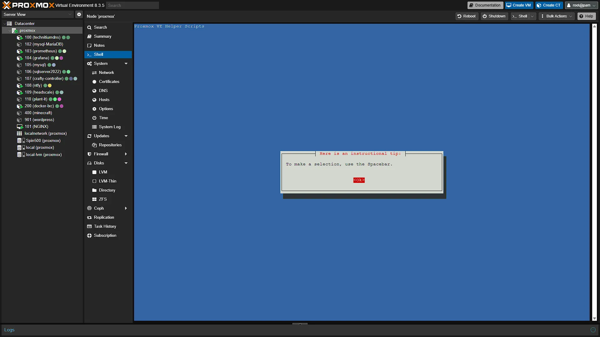Install Docker LXC for Immich - 4 - Press Spacebar to Select