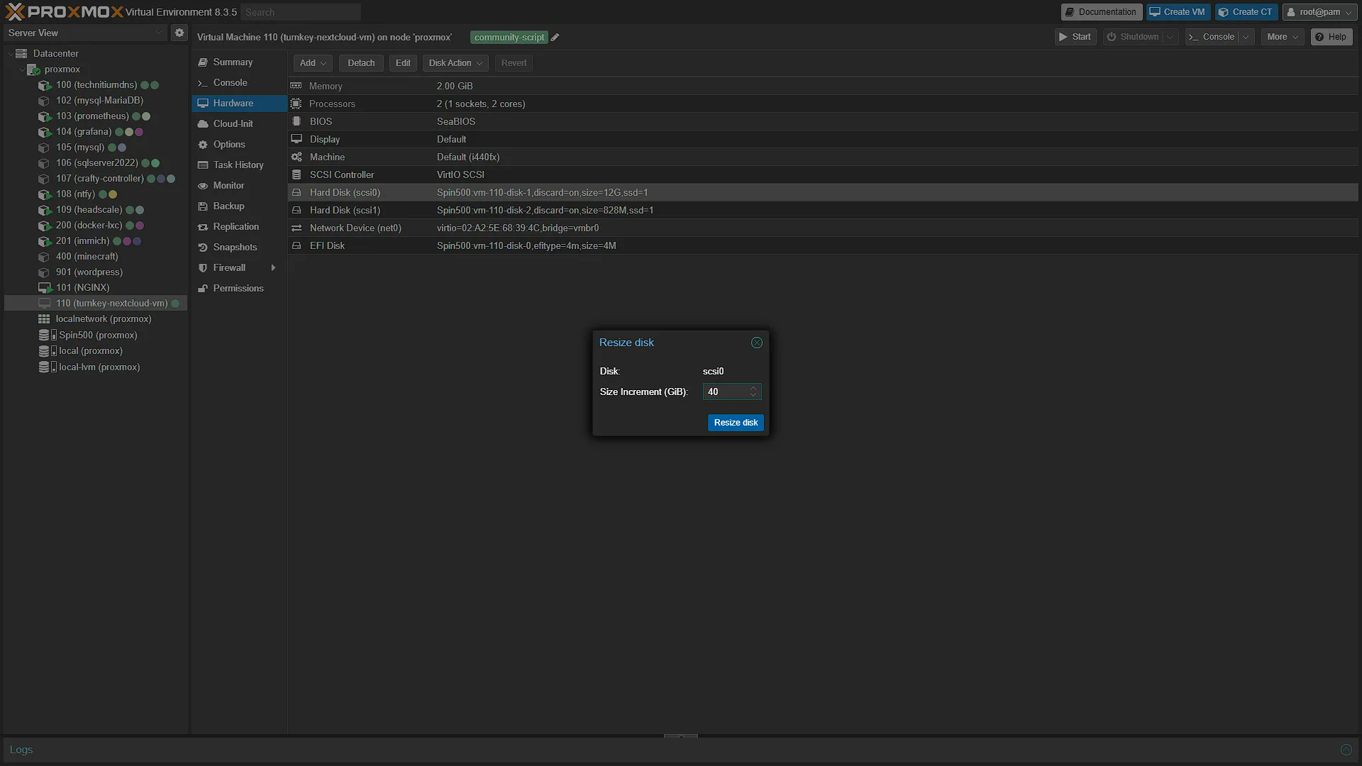 Install Nextcloud - 8 - Resize Disk