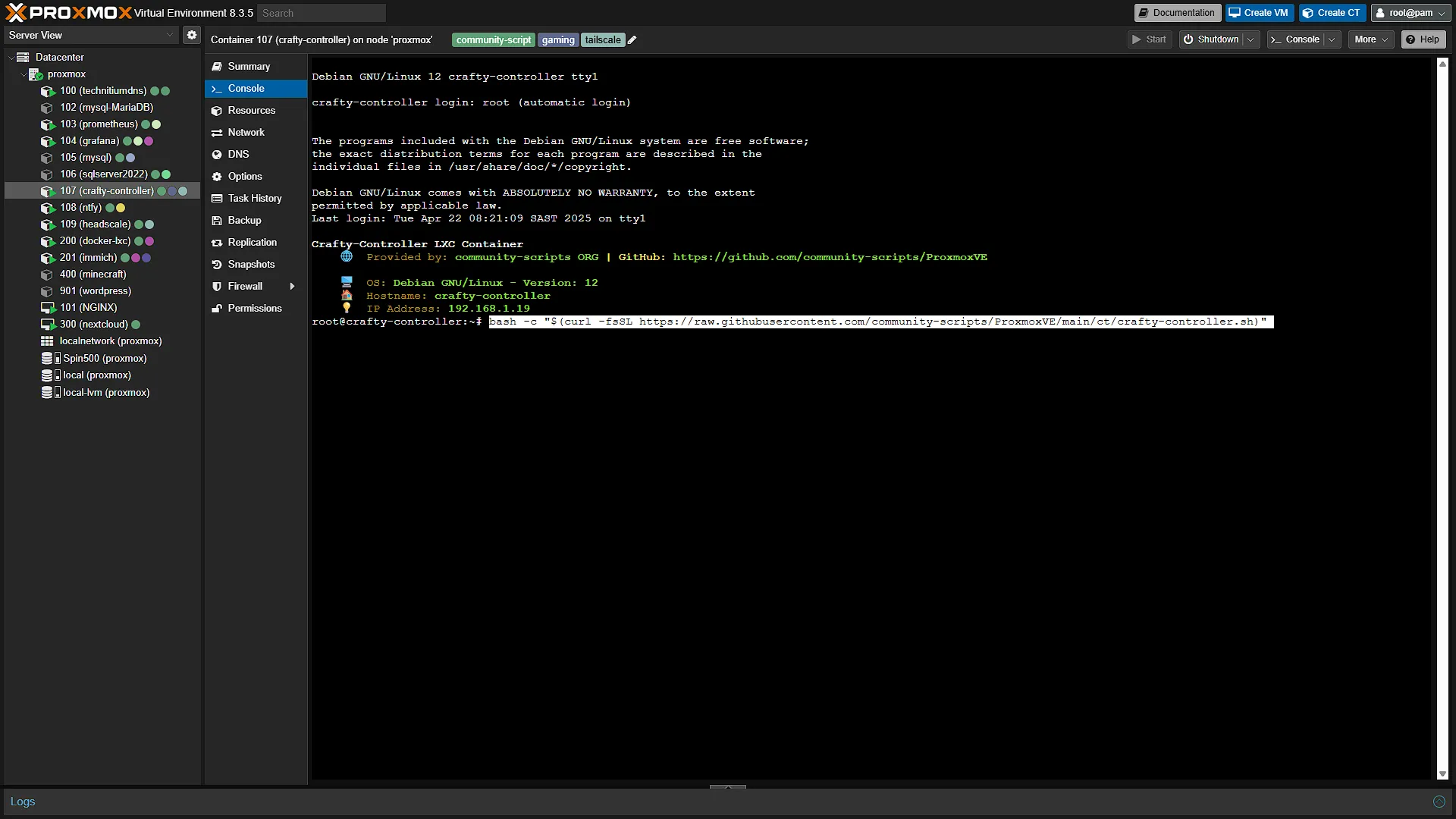 Paste Script in LXC Console