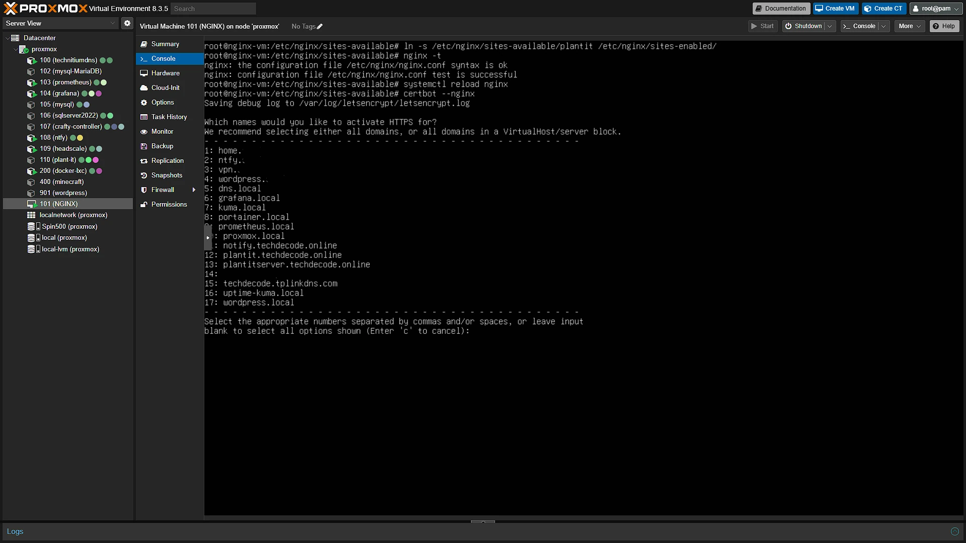 Plant-it access - 7 - Certbot selections