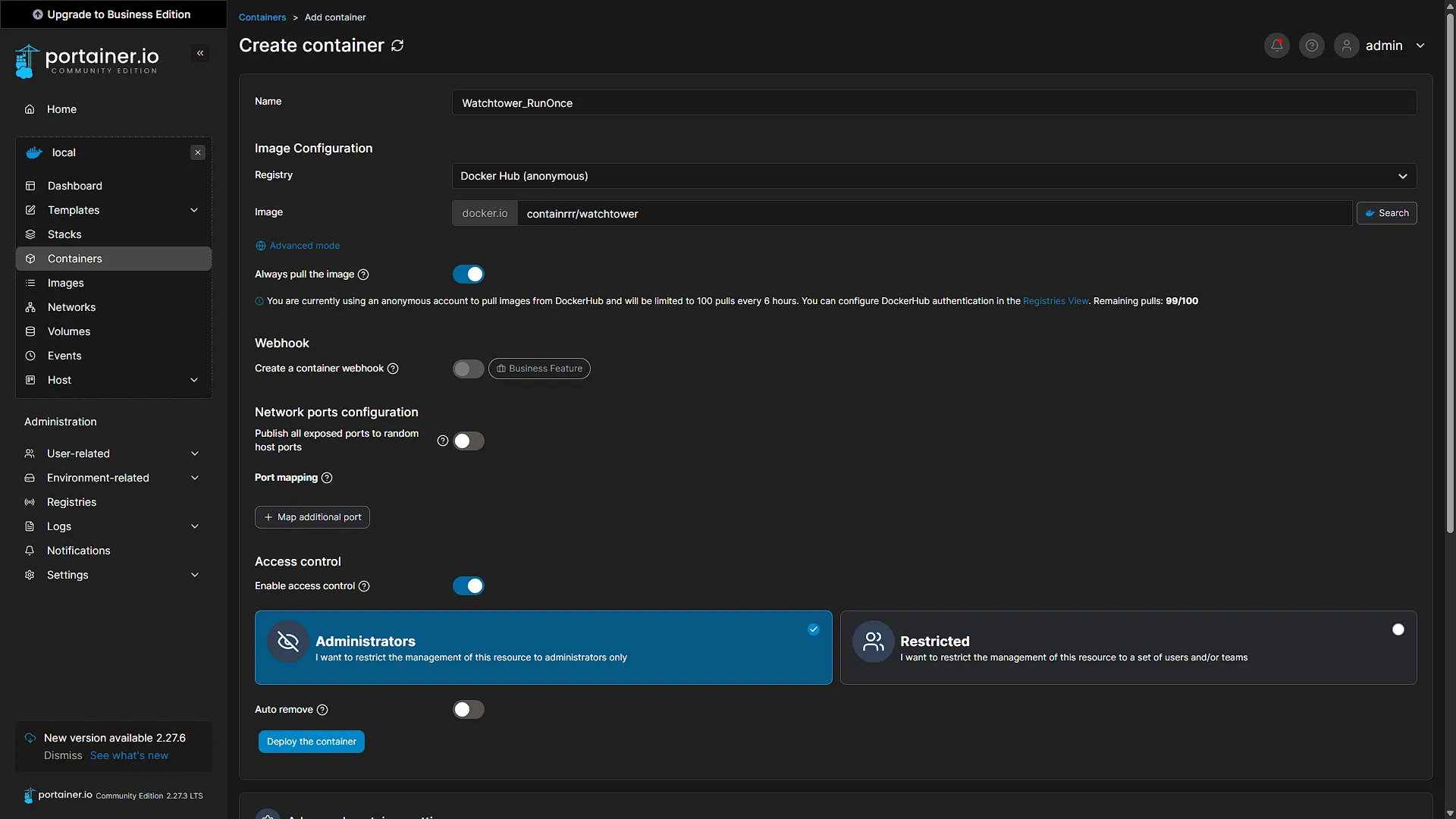 Run Watchtower - 2 - Add New Container Name and Image