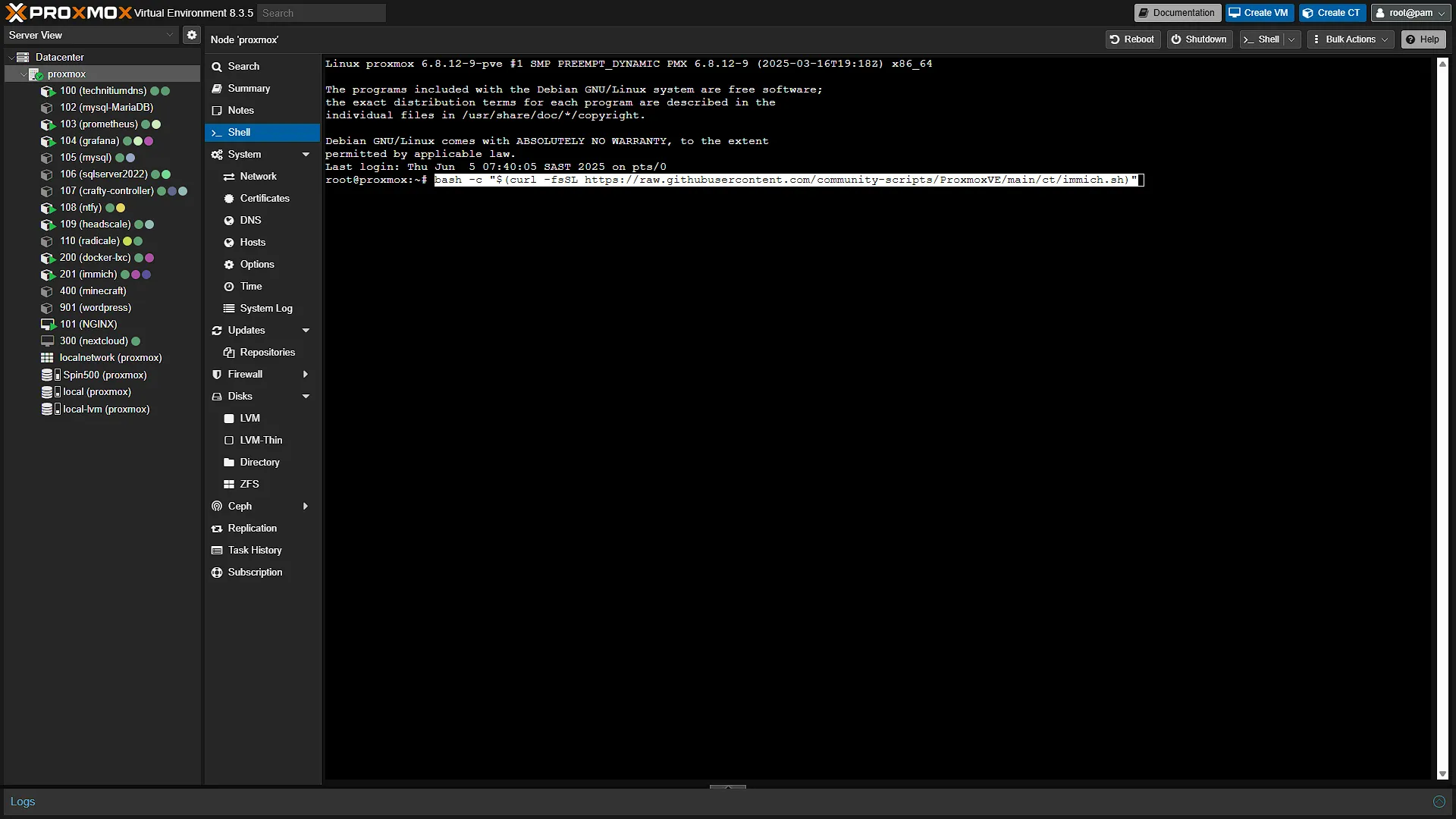 Install Immich LXC - 1 - Command