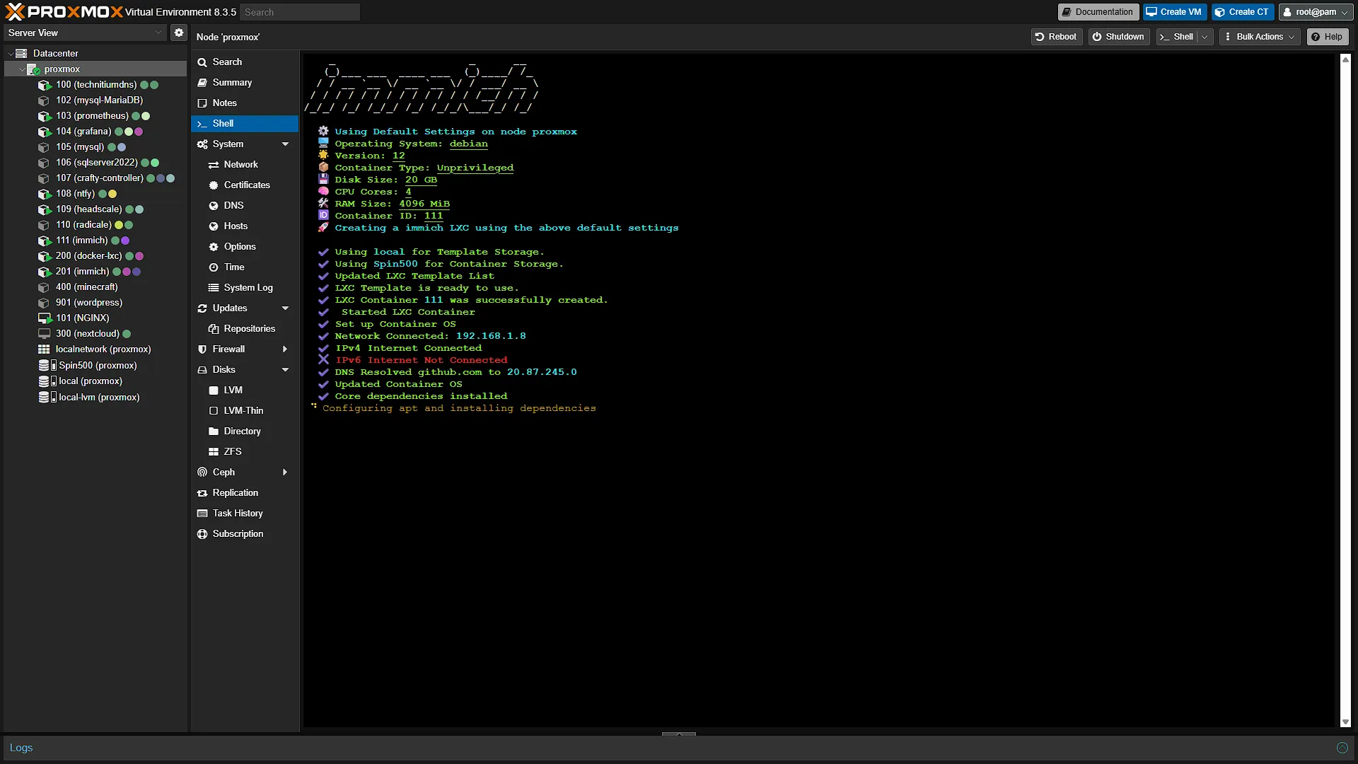 Install Immich LXC - 6 - Installing still