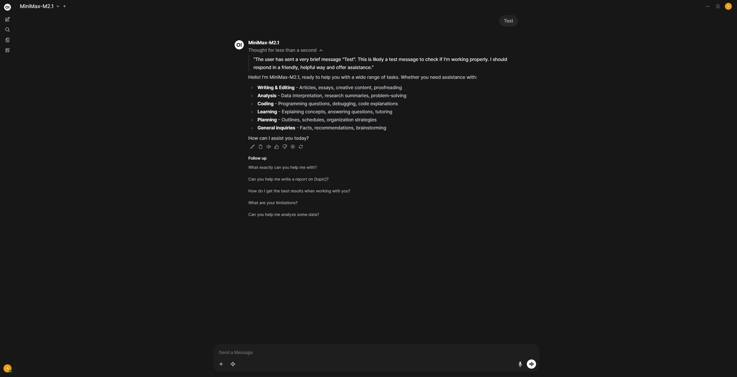 Official Open WebUI chat screenshot with MiniMax-M2.1 selected and a reply to a Test message.
