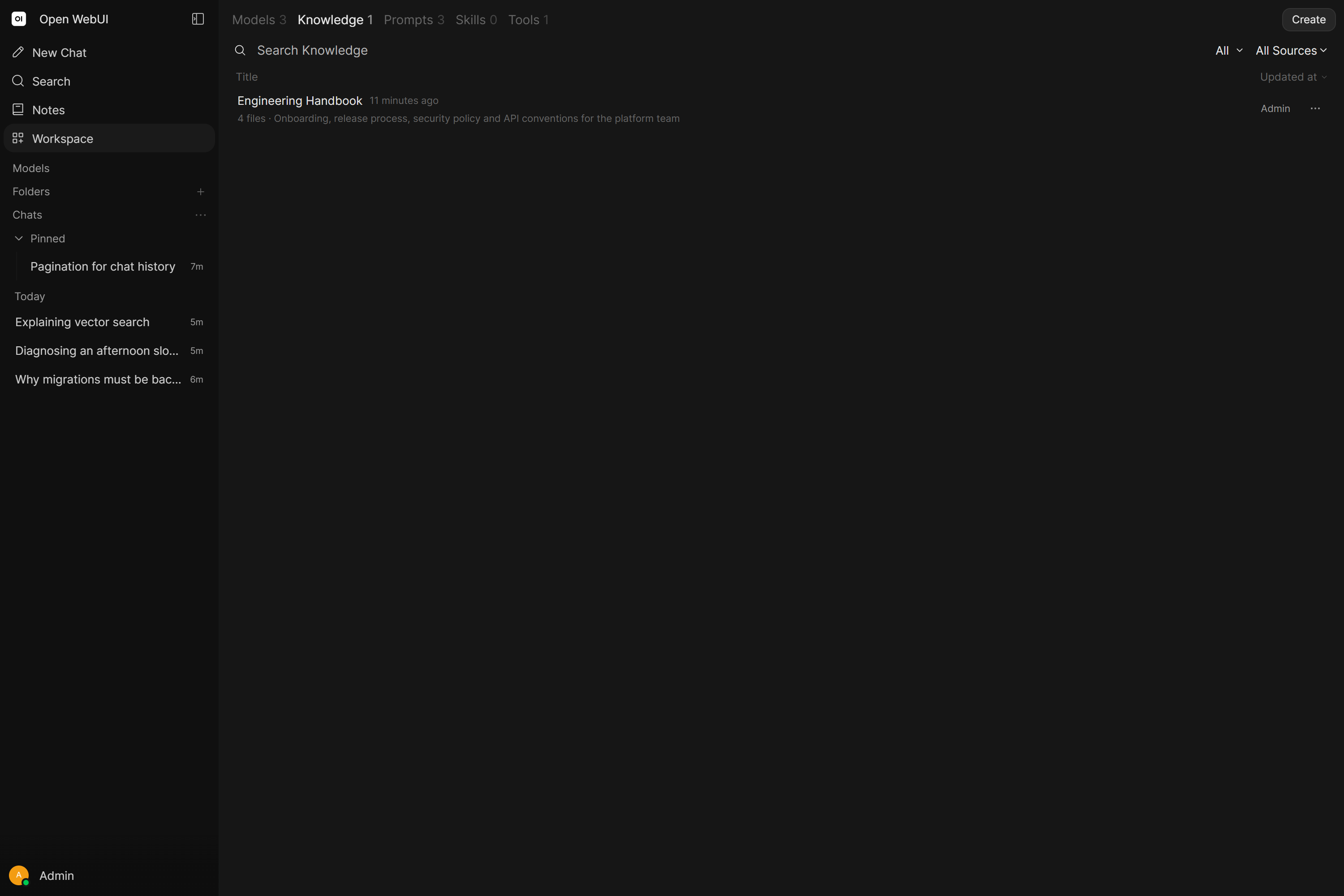 Official Open WebUI Workspace Knowledge screenshot showing an Engineering Handbook collection containing four files.