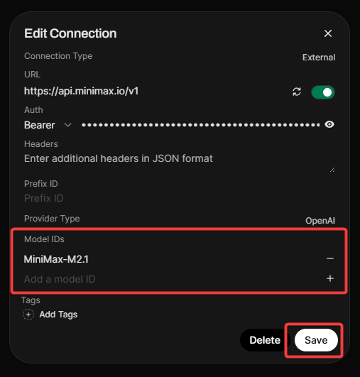 Official Open WebUI Edit Connection screenshot showing a masked API key, MiniMax-M2.1 model ID and Save button.